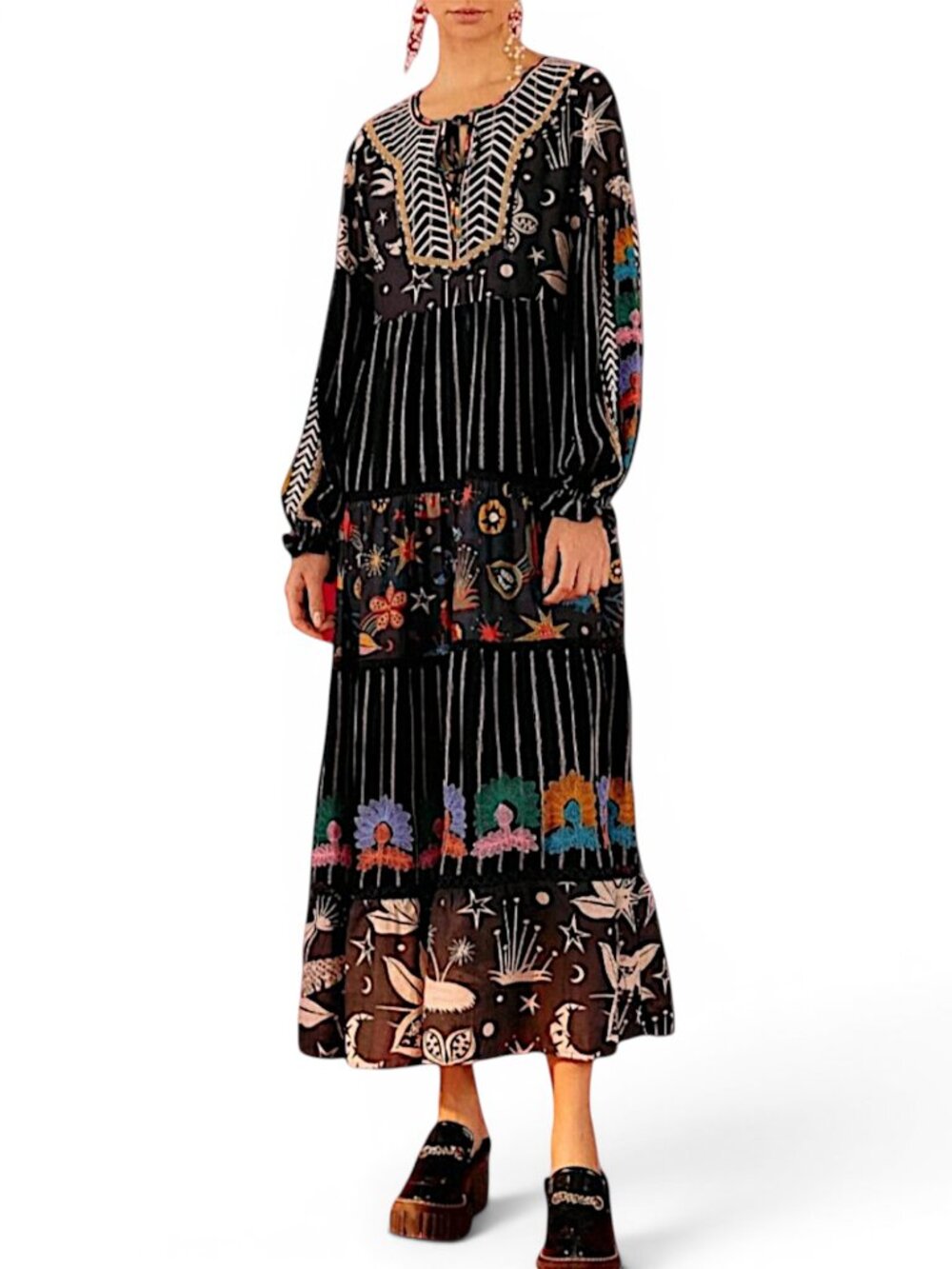 Farm Rio Long Black Mixed Prints Embroidered Maxi Dress Bohemian Boho New NWOT S